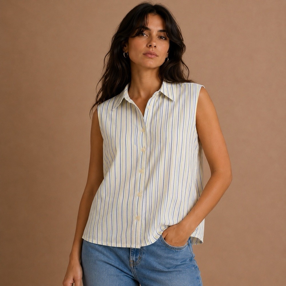 L.L.Bean Coastal Striped Sleeveless Button Up Women's Small Linen Look Cotton